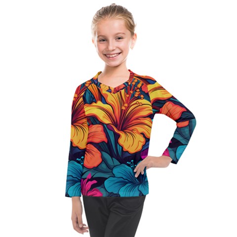 Hibiscus Flowers Colorful Vibrant Tropical Garden Bright Saturated Nature Kids  Long Mesh T-shirt by Maspions