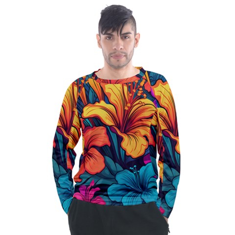 Hibiscus Flowers Colorful Vibrant Tropical Garden Bright Saturated Nature Men s Long Sleeve Raglan T-shirt by Maspions