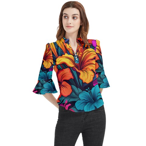 Hibiscus Flowers Colorful Vibrant Tropical Garden Bright Saturated Nature Loose Horn Sleeve Chiffon Blouse by Maspions