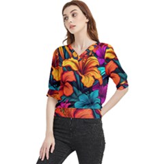 Hibiscus Flowers Colorful Vibrant Tropical Garden Bright Saturated Nature Quarter Sleeve Blouse