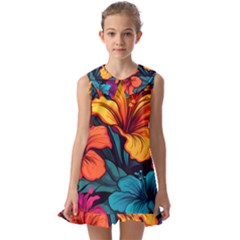 Hibiscus Flowers Colorful Vibrant Tropical Garden Bright Saturated Nature Kids  Pilgrim Collar Ruffle Hem Dress by Maspions