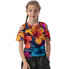 Hibiscus Flowers Colorful Vibrant Tropical Garden Bright Saturated Nature Kids  Butterfly Cutout T-shirt by Maspions