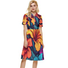 Hibiscus Flowers Colorful Vibrant Tropical Garden Bright Saturated Nature Button Top Knee Length Dress