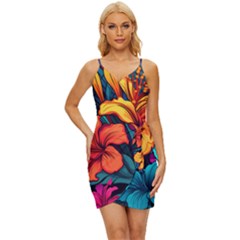 Hibiscus Flowers Colorful Vibrant Tropical Garden Bright Saturated Nature Wrap Tie Front Dress by Maspions