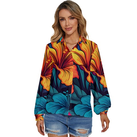 Hibiscus Flowers Colorful Vibrant Tropical Garden Bright Saturated Nature Women s Long Sleeve Button Up Shirt by Maspions