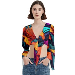 Hibiscus Flowers Colorful Vibrant Tropical Garden Bright Saturated Nature Trumpet Sleeve Cropped Top