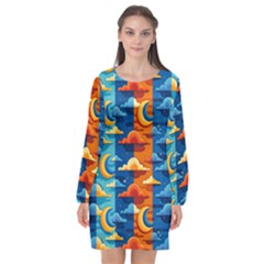 Clouds Stars Sky Moon Day And Night Background Wallpaper Long Sleeve Chiffon Shift Dress  by Maspions