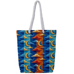 Clouds Stars Sky Moon Day And Night Background Wallpaper Full Print Rope Handle Tote (small) by Maspions