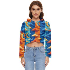 Clouds Stars Sky Moon Day And Night Background Wallpaper Women s Lightweight Cropped Hoodie by Maspions