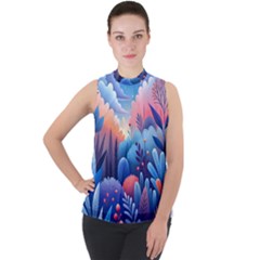 Nature Night Bushes Flowers Leaves Clouds Landscape Berries Story Fantasy Wallpaper Background Sampl Mock Neck Chiffon Sleeveless Top