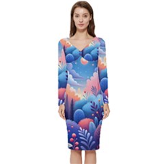 Nature Night Bushes Flowers Leaves Clouds Landscape Berries Story Fantasy Wallpaper Background Sampl Long Sleeve V-neck Bodycon Dress  by Maspions