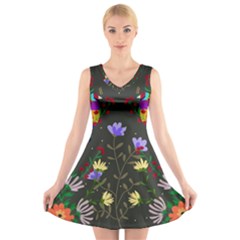 Bird Flower Plant Nature V-neck Sleeveless Dress