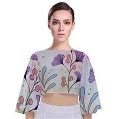 Flower Paint Flora Nature Plant Tie Back Butterfly Sleeve Chiffon Top by Maspions