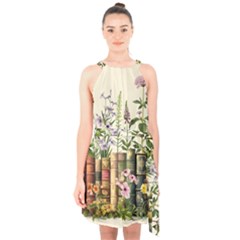 Books Flowers Book Flower Flora Floral Halter Collar Waist Tie Chiffon Dress