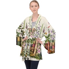 Books Flowers Book Flower Flora Floral Long Sleeve Velvet Kimono 