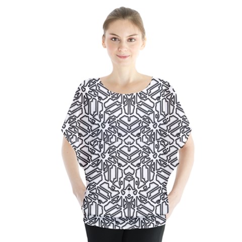 Monochrome Maze Design Print Batwing Chiffon Blouse by dflcprintsclothing