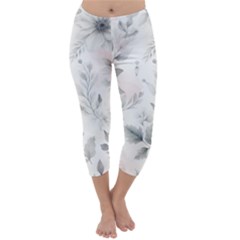 Light Grey And Pink Floral Capri Winter Leggings  by LyssasMindArt