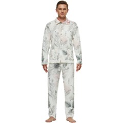 Light Grey And Pink Floral Men s Long Sleeve Velvet Pocket Pajamas Set by LyssasMindArt