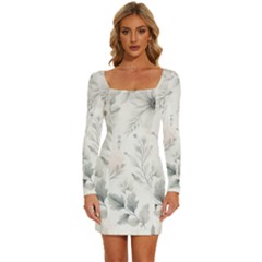 Light Grey And Pink Floral Long Sleeve Square Neck Bodycon Velvet Dress