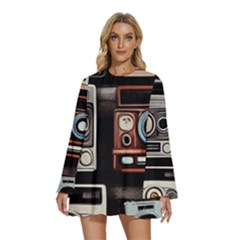 Retro Cameras Old Vintage Antique Technology Wallpaper Retrospective Round Neck Long Sleeve Bohemian Style Chiffon Mini Dress by Grandong