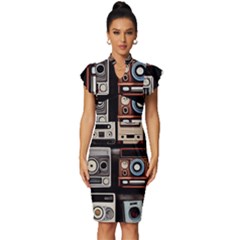 Retro Cameras Old Vintage Antique Technology Wallpaper Retrospective Vintage Frill Sleeve V-neck Bodycon Dress by Grandong