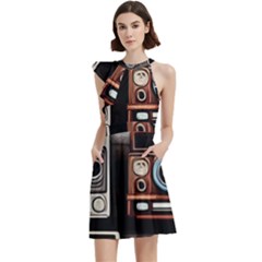 Retro Cameras Old Vintage Antique Technology Wallpaper Retrospective Cocktail Party Halter Sleeveless Dress With Pockets