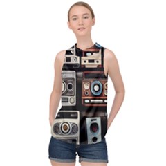 Retro Cameras Old Vintage Antique Technology Wallpaper Retrospective High Neck Satin Top by Grandong