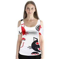 Cat Little Ball Animal Butterfly Sleeve Cutout T-shirt 