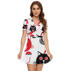 Cat Little Ball Animal V-neck High Waist Chiffon Mini Dress