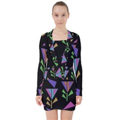 Abstract Pattern Flora Flower V-neck Bodycon Long Sleeve Dress