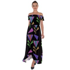 Abstract Pattern Flora Flower Off Shoulder Open Front Chiffon Dress