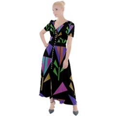 Abstract Pattern Flora Flower Button Up Short Sleeve Maxi Dress