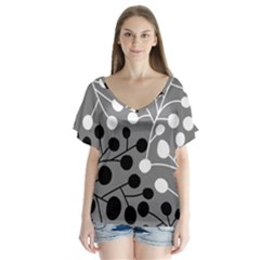 Abstract Nature Black White V-neck Flutter Sleeve Top