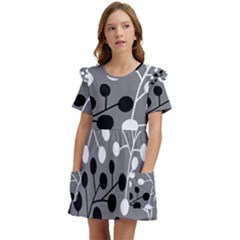 Abstract Nature Black White Kids  Frilly Sleeves Pocket Dress