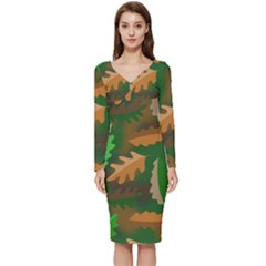 Leaves Foliage Pattern Oak Autumn Long Sleeve V-neck Bodycon Dress  by Maspions