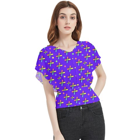 Abstract Background Cross Hashtag Butterfly Chiffon Blouse by Maspions