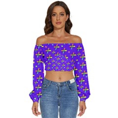 Abstract Background Cross Hashtag Long Sleeve Crinkled Weave Crop Top by Maspions