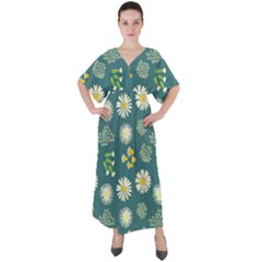 Drawing Flowers Meadow White V-neck Boho Style Maxi Dress