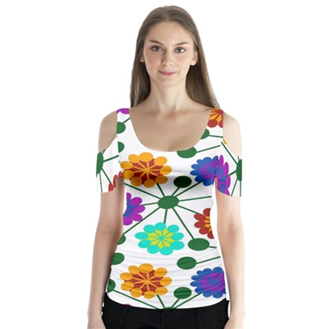 Bloom Plant Flowering Pattern Butterfly Sleeve Cutout T-shirt  by Maspions