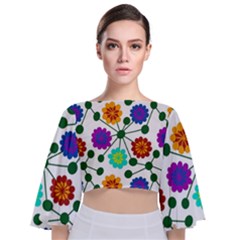 Bloom Plant Flowering Pattern Tie Back Butterfly Sleeve Chiffon Top