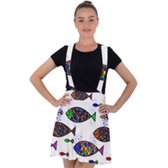 Fish Abstract Colorful Velvet Suspender Skater Skirt