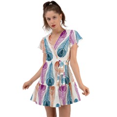 Pen Peacock Colors Colored Pattern Flutter Sleeve Wrap Dress