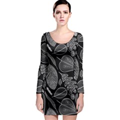 Leaves Flora Black White Nature Long Sleeve Bodycon Dress by Maspions