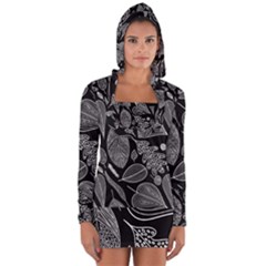 Leaves Flora Black White Nature Long Sleeve Hooded T-shirt by Maspions