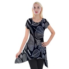 Leaves Flora Black White Nature Short Sleeve Side Drop Tunic by Maspions