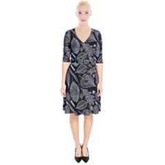 Leaves Flora Black White Nature Wrap Up Cocktail Dress by Maspions