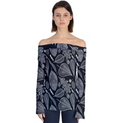 Leaves Flora Black White Nature Off Shoulder Long Sleeve Top