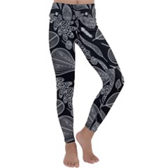 Leaves Flora Black White Nature Kids  Lightweight Velour Classic Yoga Leggings by Maspions