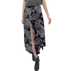 Leaves Flora Black White Nature Velour Split Maxi Skirt