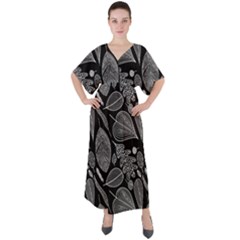 Leaves Flora Black White Nature V-neck Boho Style Maxi Dress by Maspions